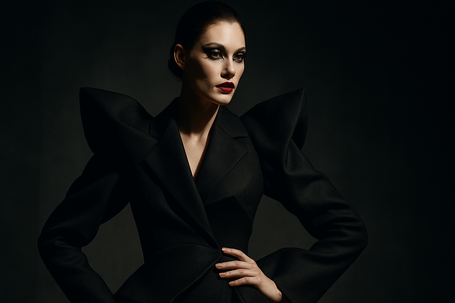"Dramatic high-fashion shot with bold makeup, avant-garde clothing, and moody lighting. Dark background, striking poses, 16:9 aspect ratio for a luxury editorial feel."